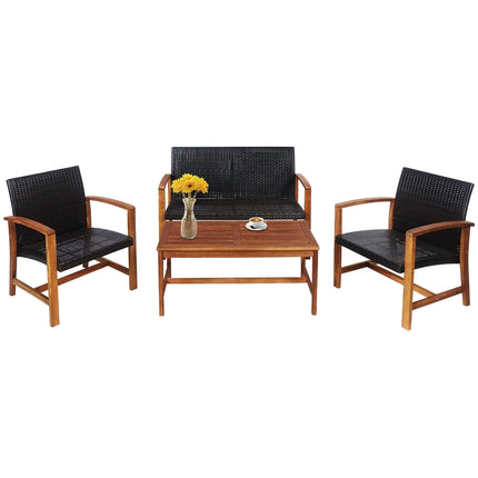 4 Pieces PE Rattan Patio Furniture Set with Acacia Wood