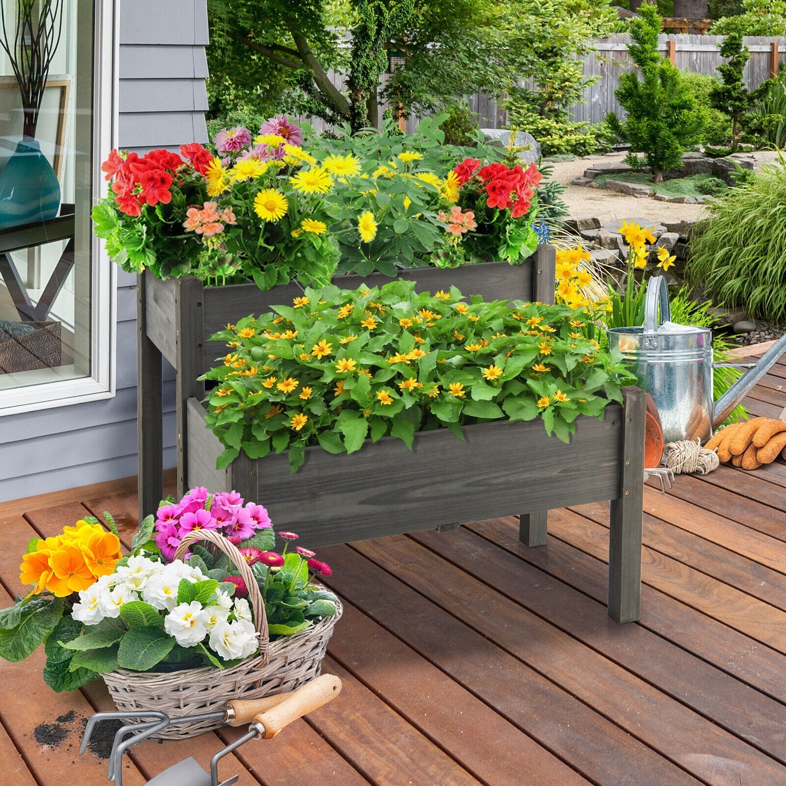 Jardinière surélevée en bois à 2 niveaux avec pieds et trous de drainage - Grise