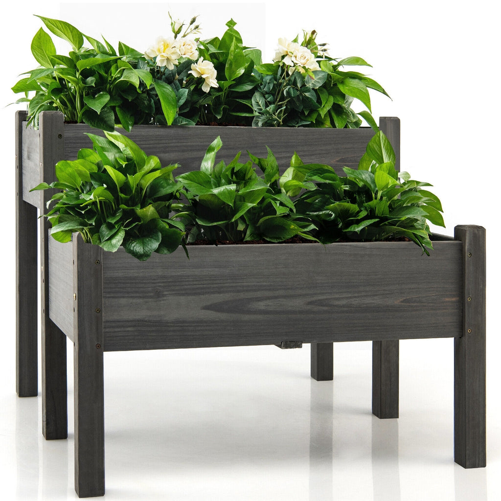 Jardinière surélevée en bois à 2 niveaux avec pieds et trous de drainage - Grise