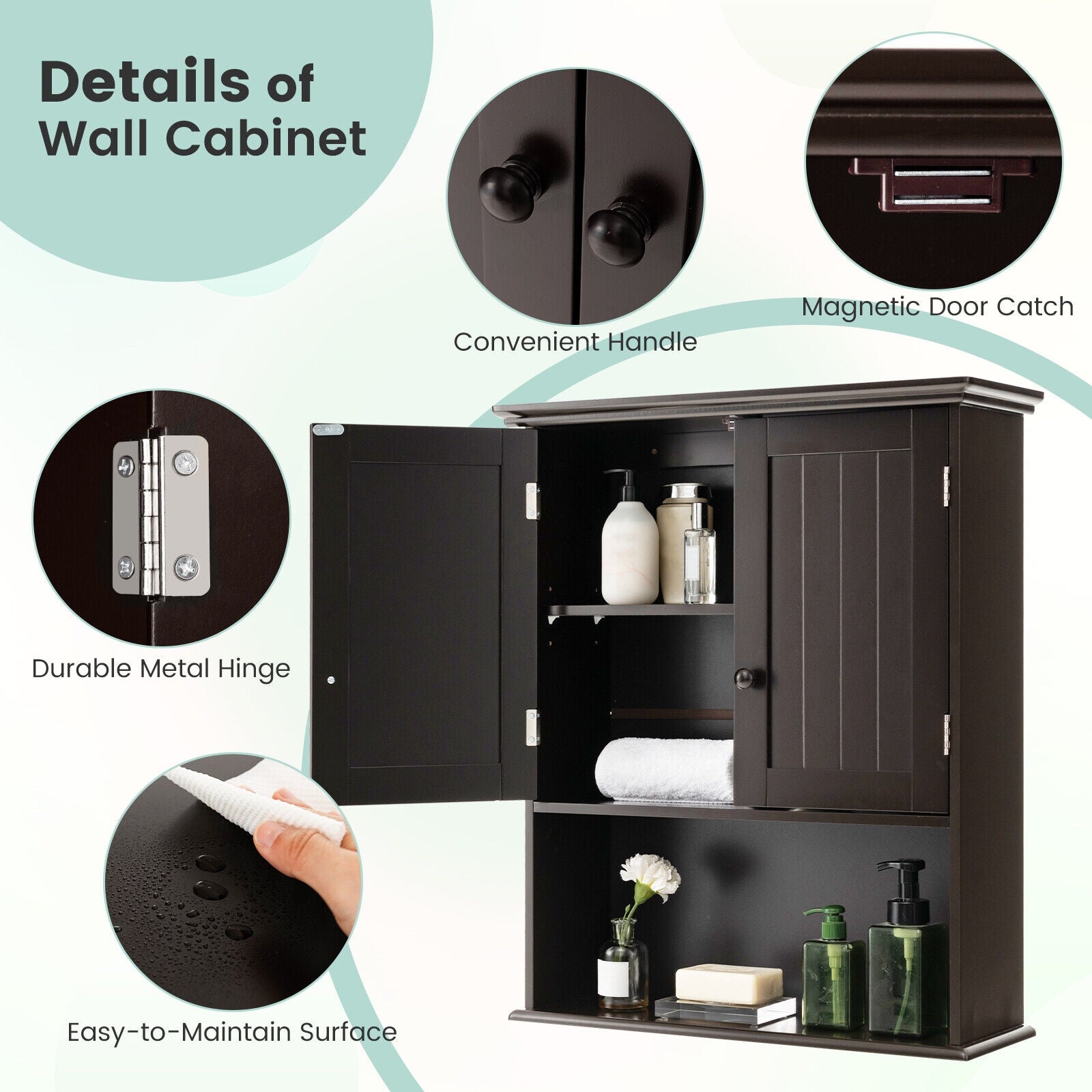 2-Door Wall Mount Bathroom Storage Cabinet with Open Shelf-Espresso