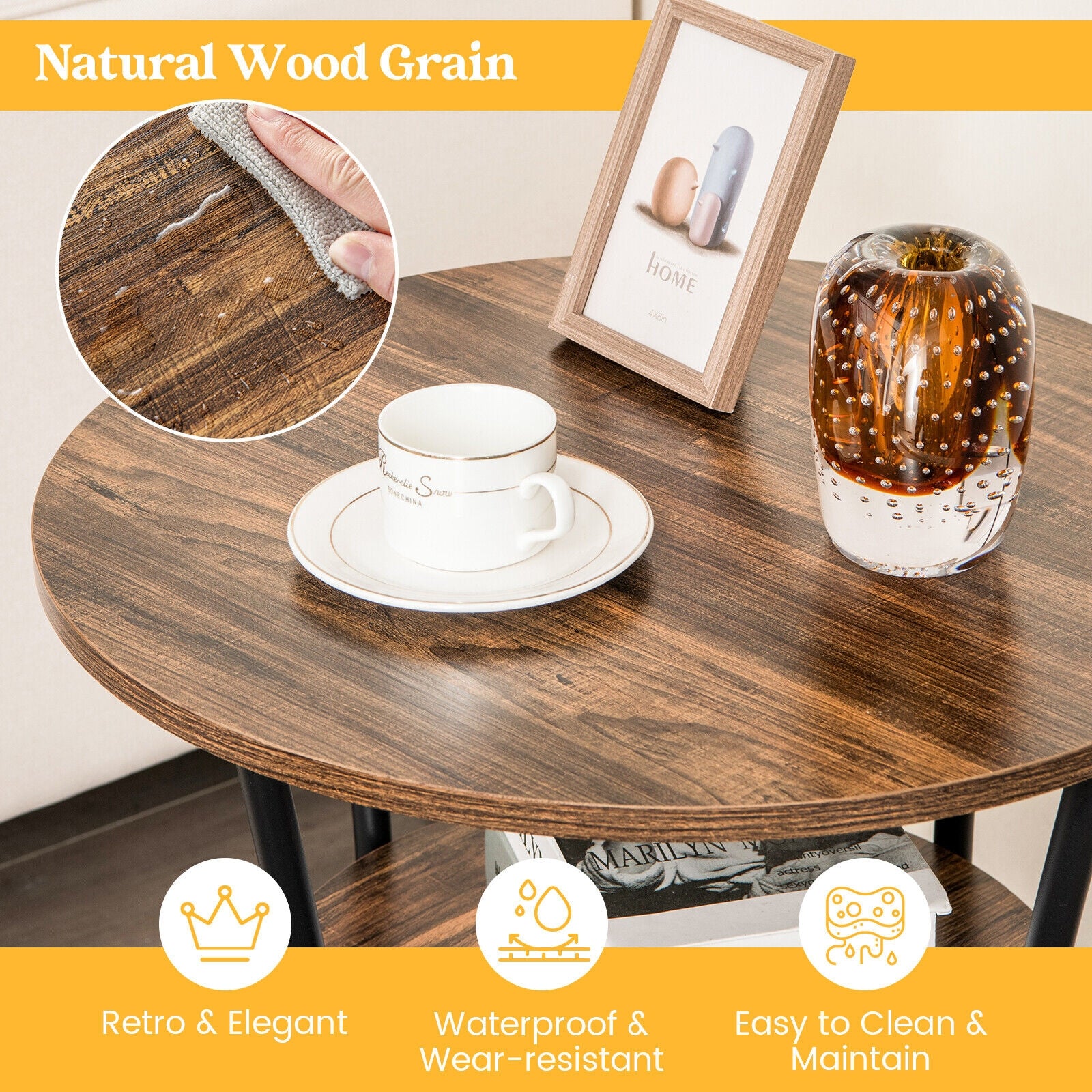 2-Tier Round End Table with Open Storage Shelf and Sturdy Metal Frame-Brown