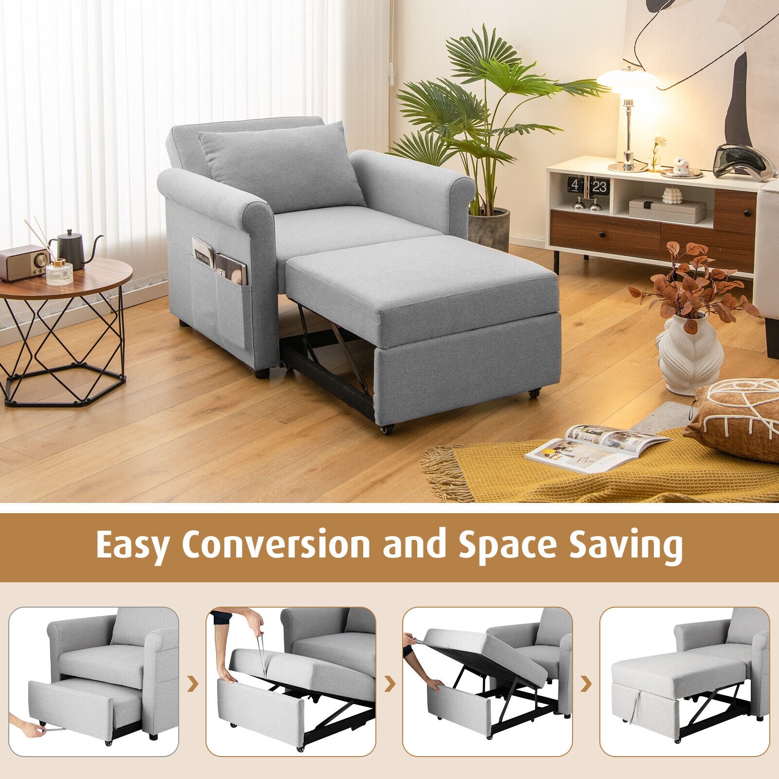 3-in-1 Pull-out Convertible Adjustable Reclining Sofa Bed-Gray