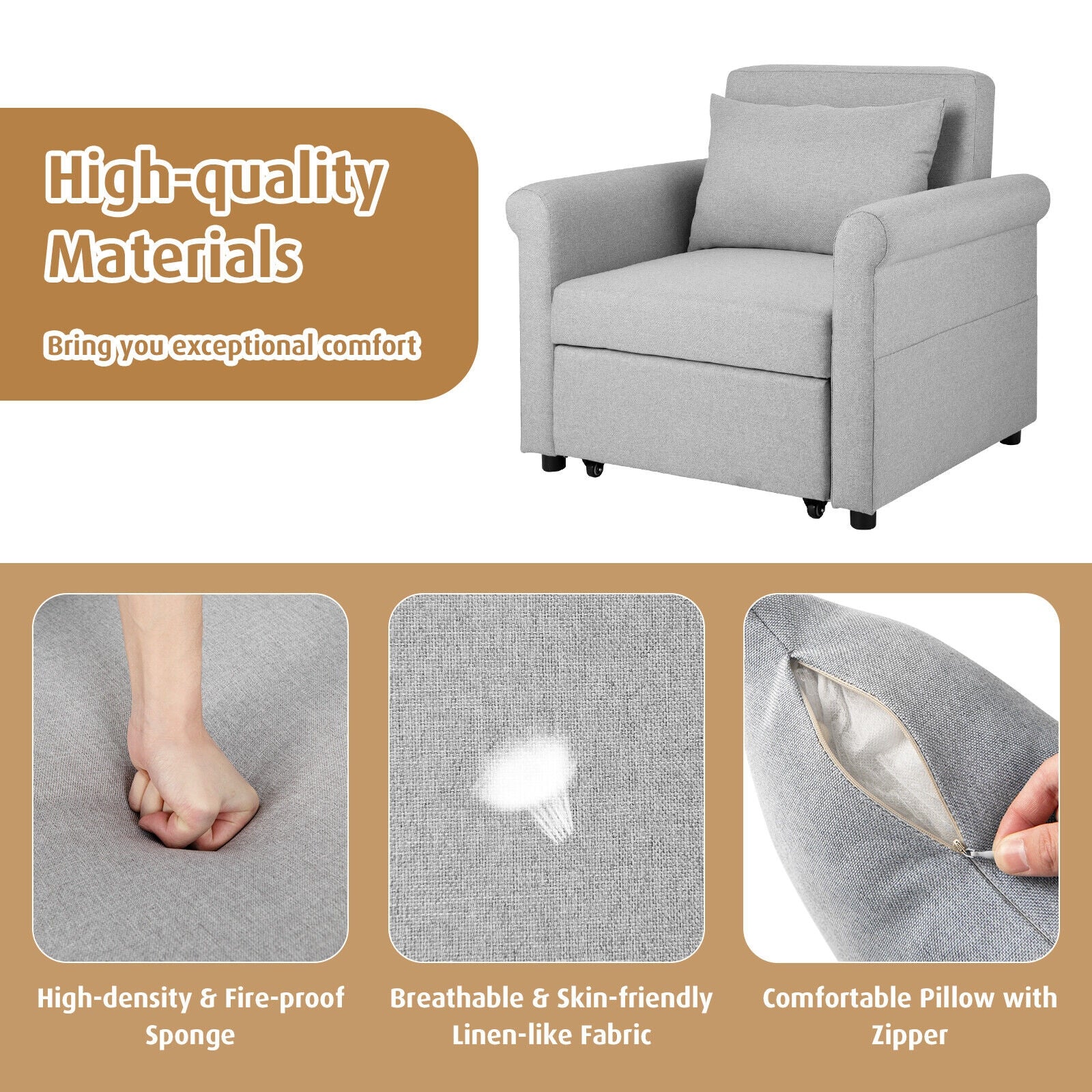 3-in-1 Pull-out Convertible Adjustable Reclining Sofa Bed-Gray