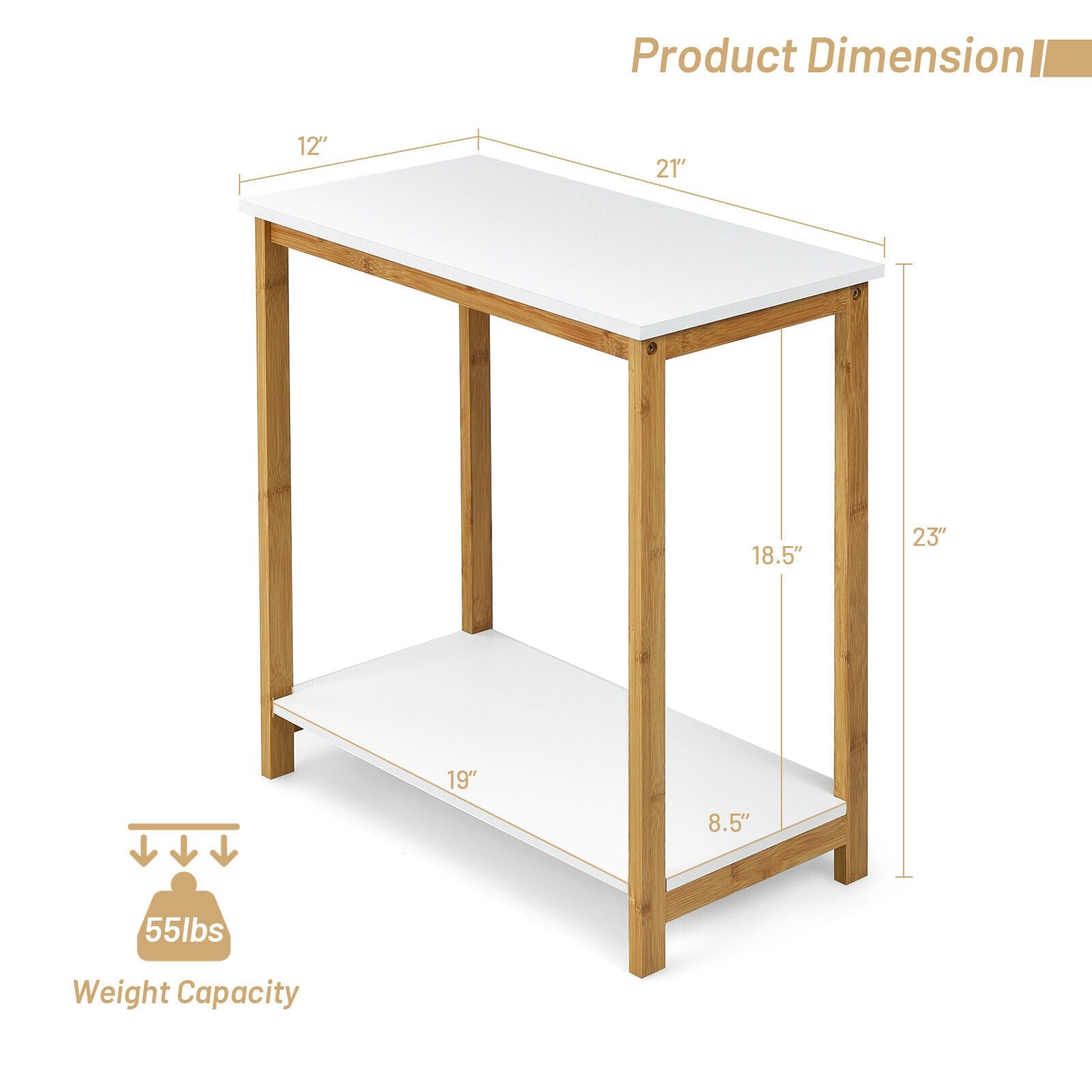 23 Inch Height 2-tier End Table with Bamboo Frame and Bottom Shelf-White