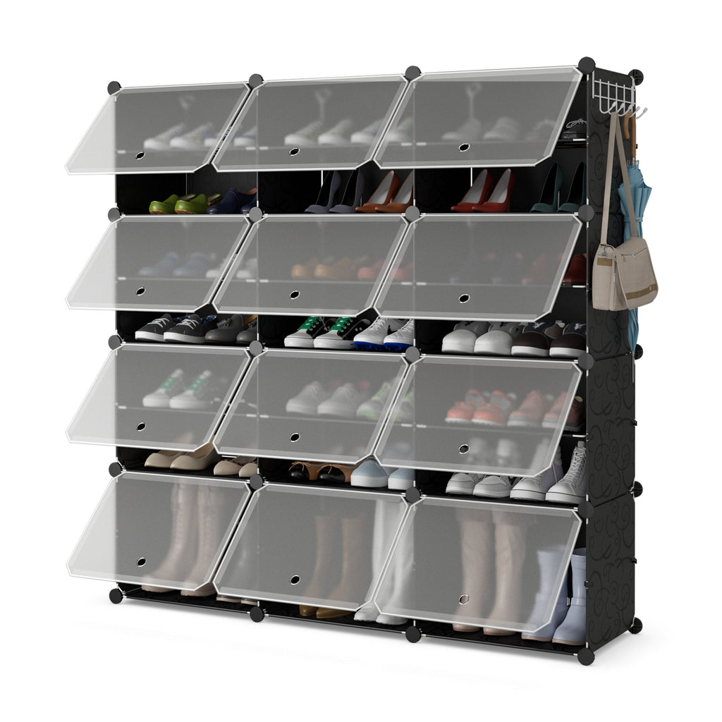 Étagère à chaussures portable 12 cubes 48 paires avec crochets – Noir