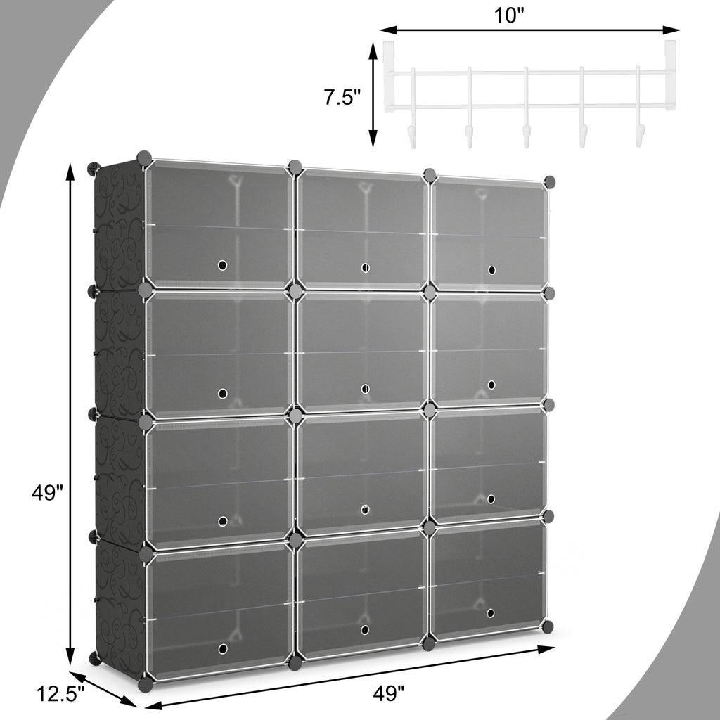 Étagère à chaussures portable 12 cubes 48 paires avec crochets – Noir