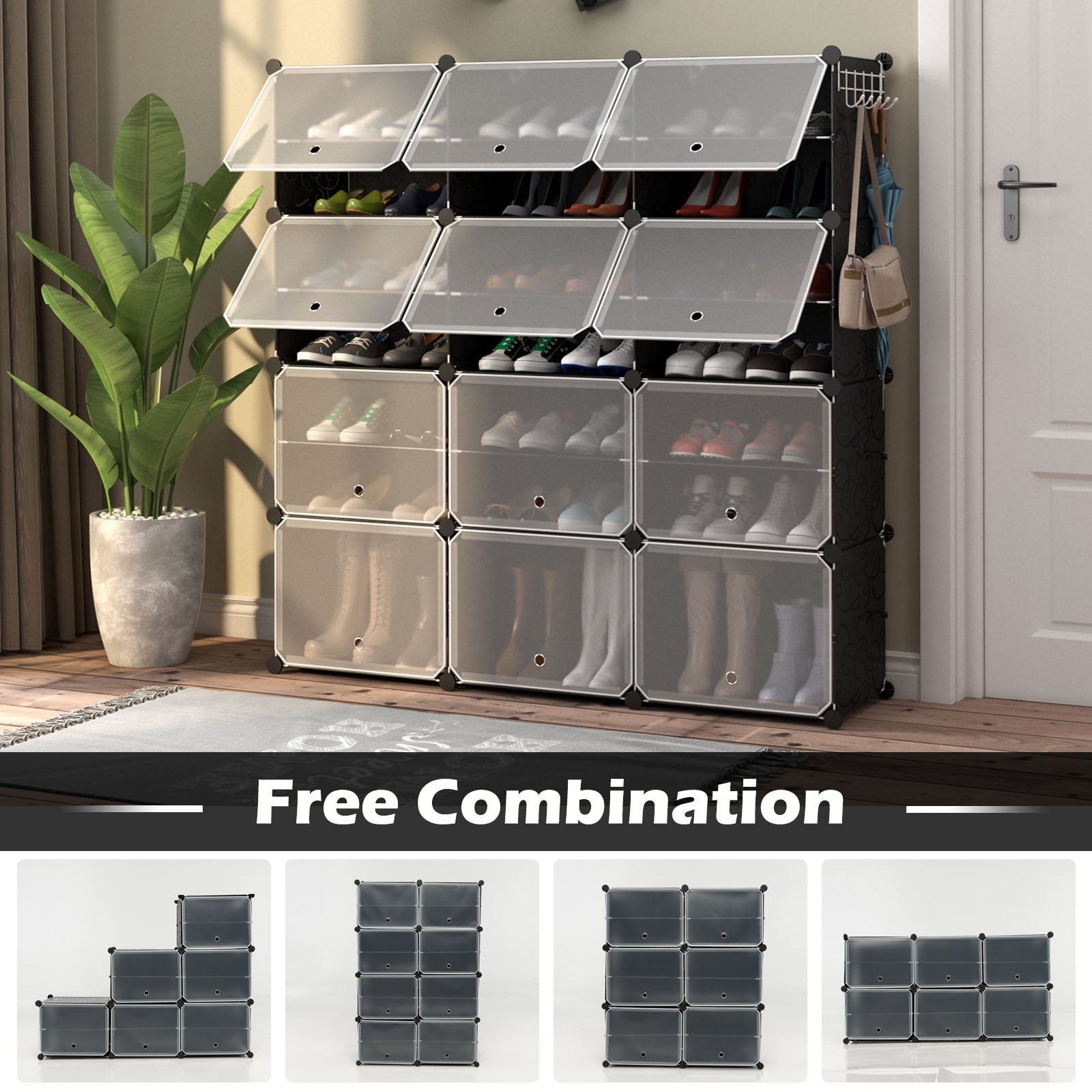 Étagère à chaussures portable 12 cubes 48 paires avec crochets – Noir