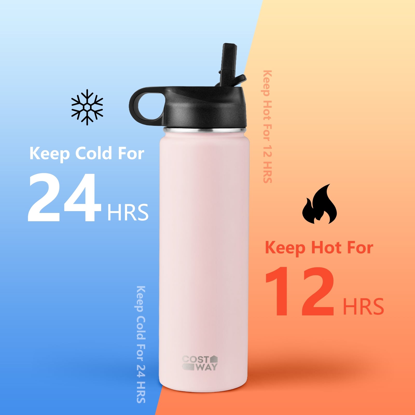 22 Oz Double-walled Insulated Stainless Steel Water Bottle with 2 Lids and Straw-Pink