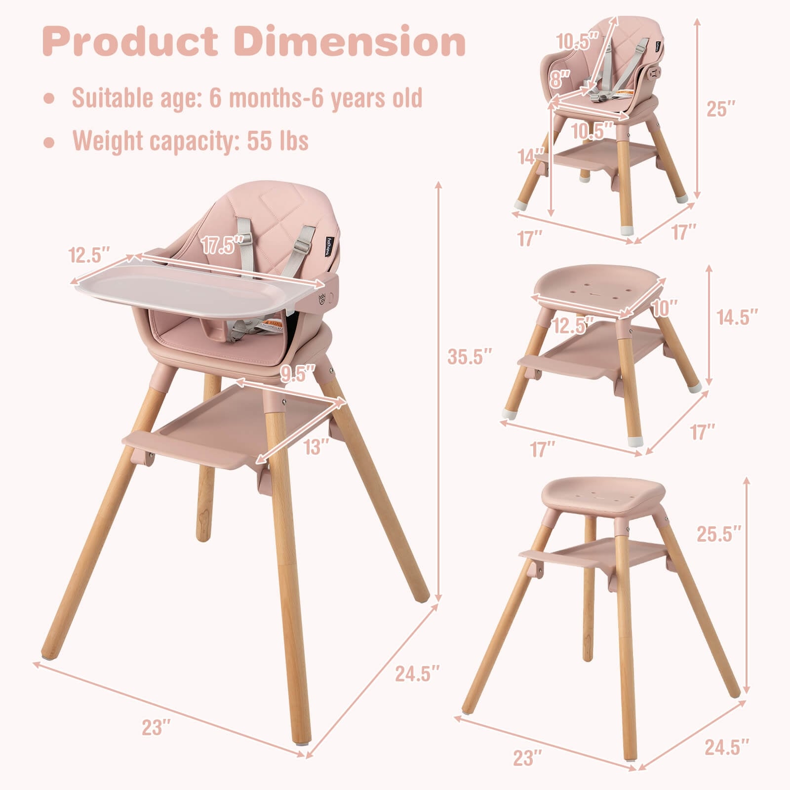 6 in 1 Convertible Highchair with Safety Harness and Removable Tray-Pink