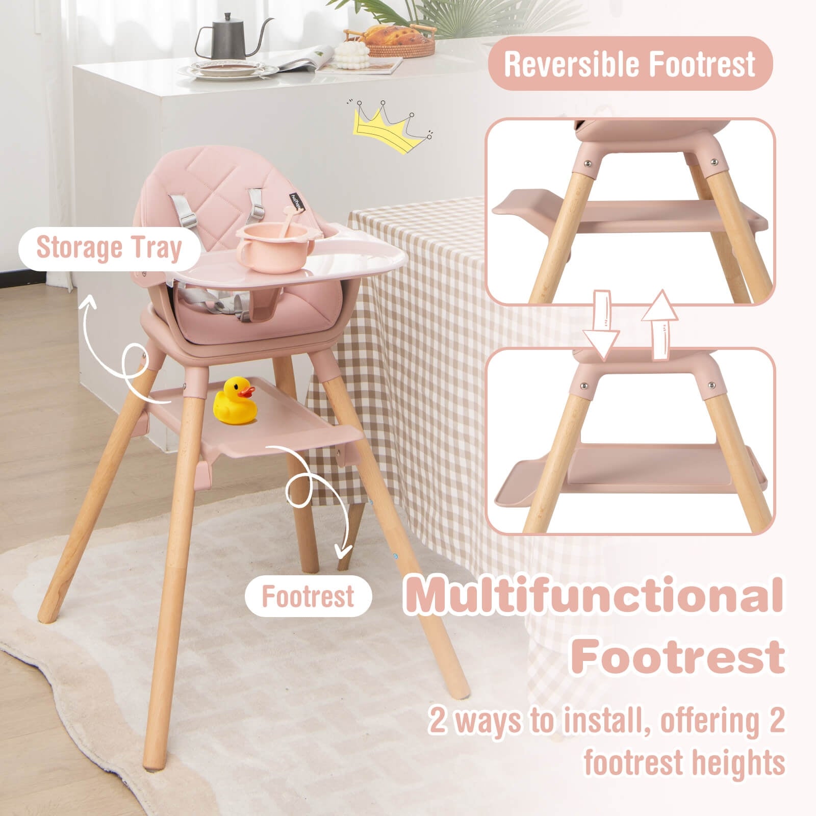 6 in 1 Convertible Highchair with Safety Harness and Removable Tray-Pink