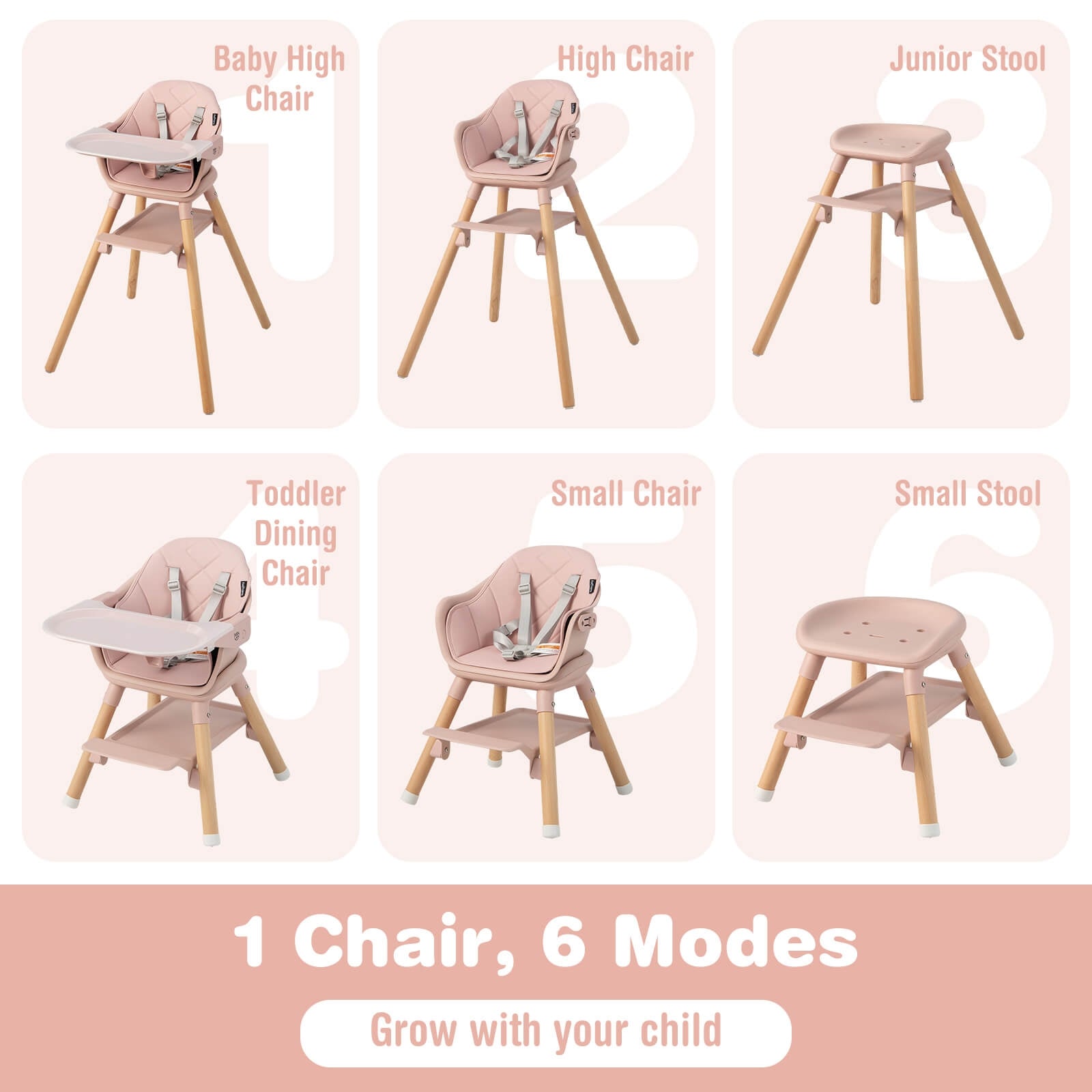 6 in 1 Convertible Highchair with Safety Harness and Removable Tray-Pink