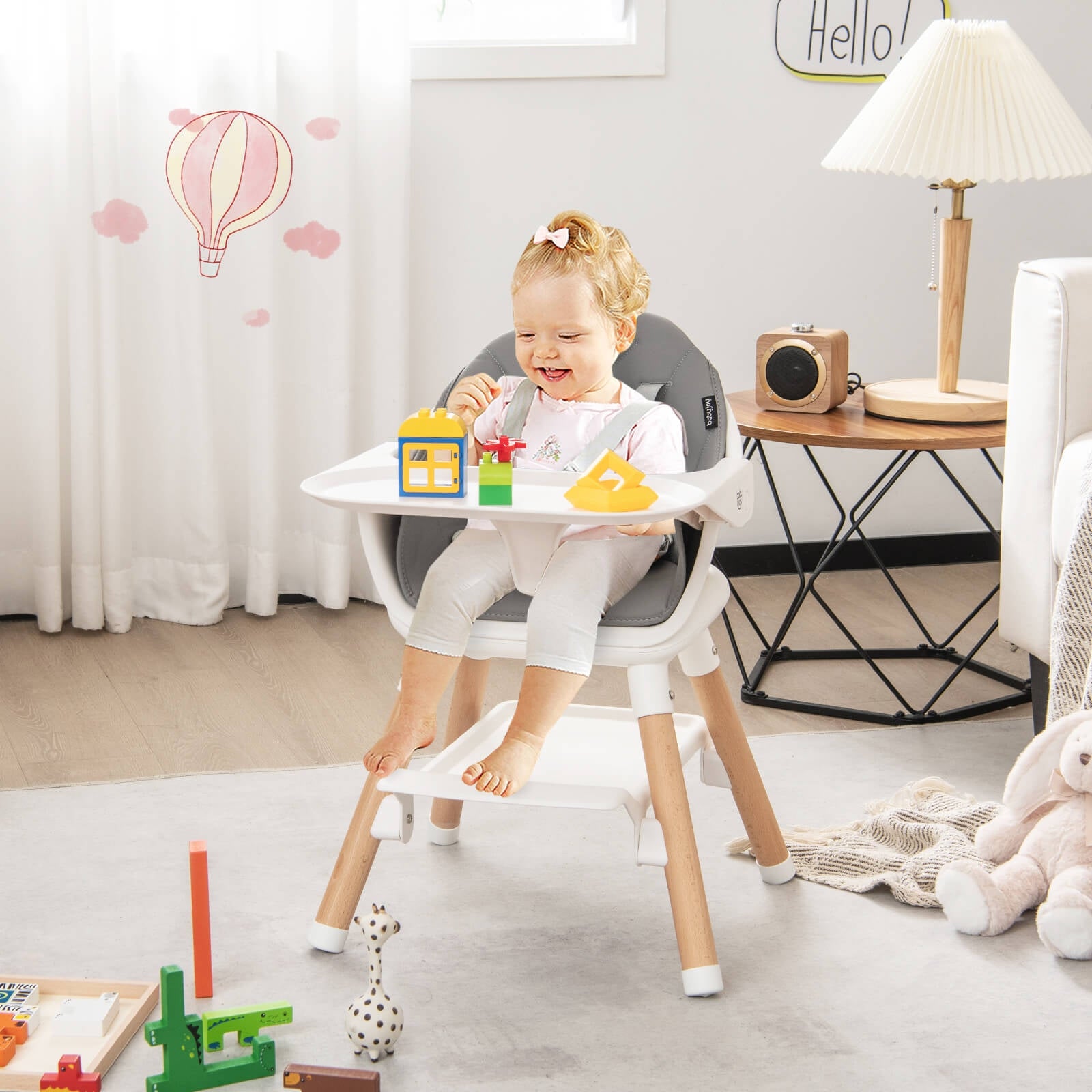 6 in 1 Convertible Highchair with Safety Harness and Removable Tray-White