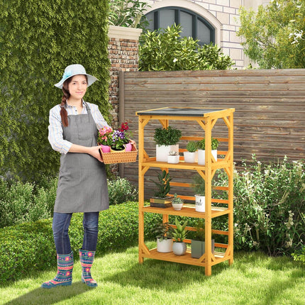 3-Tier Wooden Plant Stand with Weatherproof Asphalt Roof for Patio-Natural