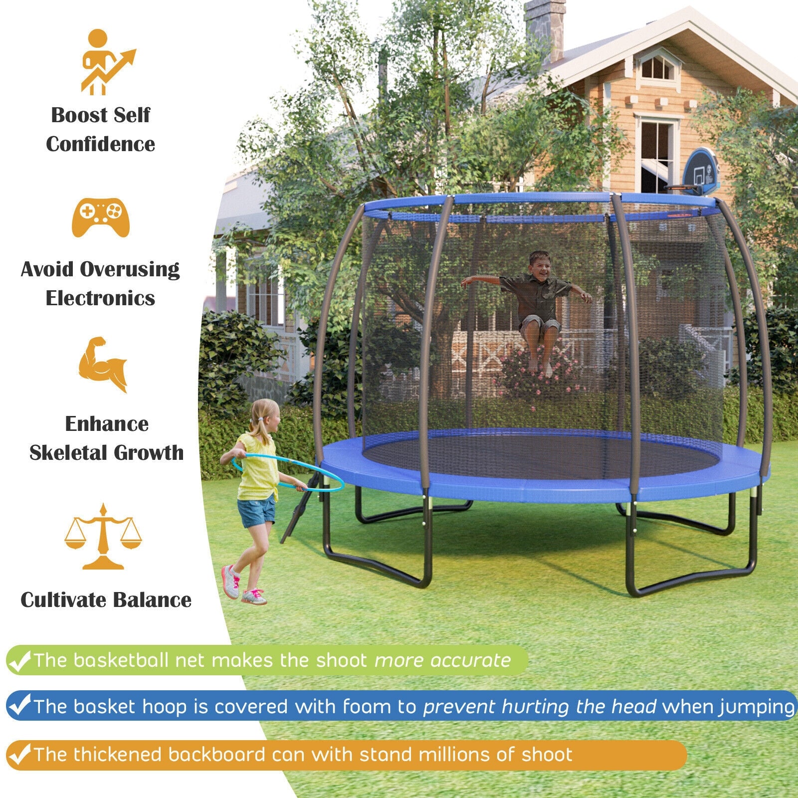 Trampoline de loisirs de 8/10 pieds avec panier de basket-ball de 12 pieds