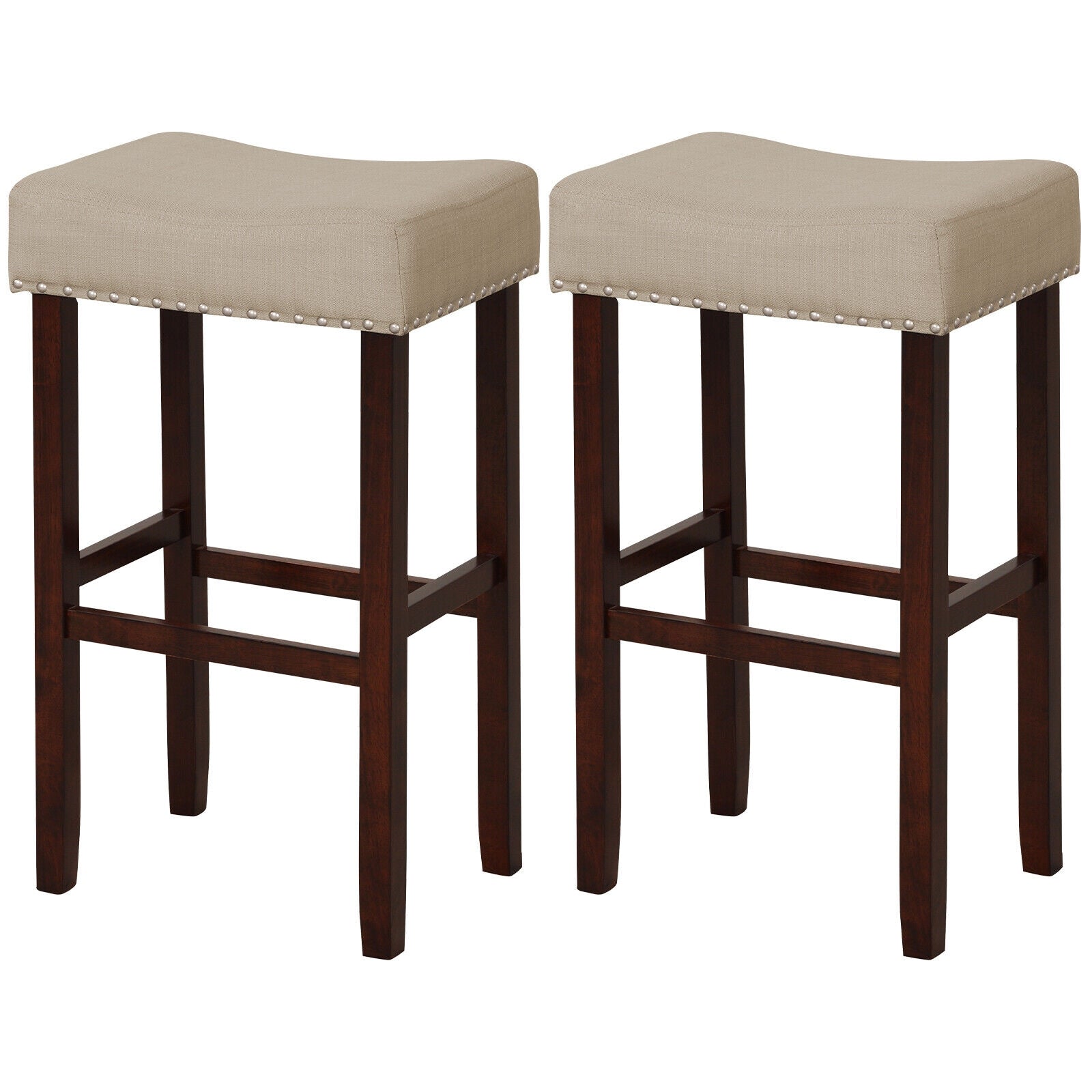 2 Set of 29 Inch Height Upholstered Bar Stool with Solid Rubber Wood Legs and Footrest-Beige