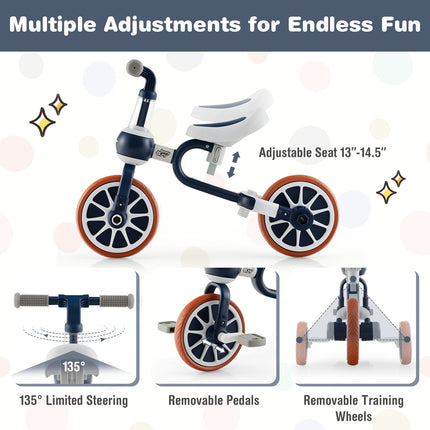4-in-1 Kids Trike Bike with Adjustable Parent Push Handle and Seat Height-Navy