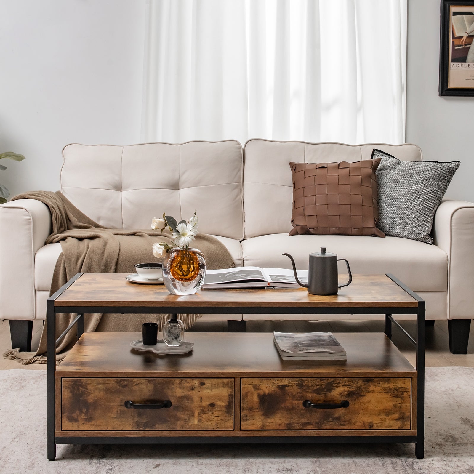 Coffee Table with 2 Drawers and Open Shelf for Living Room-Rustic Brown
