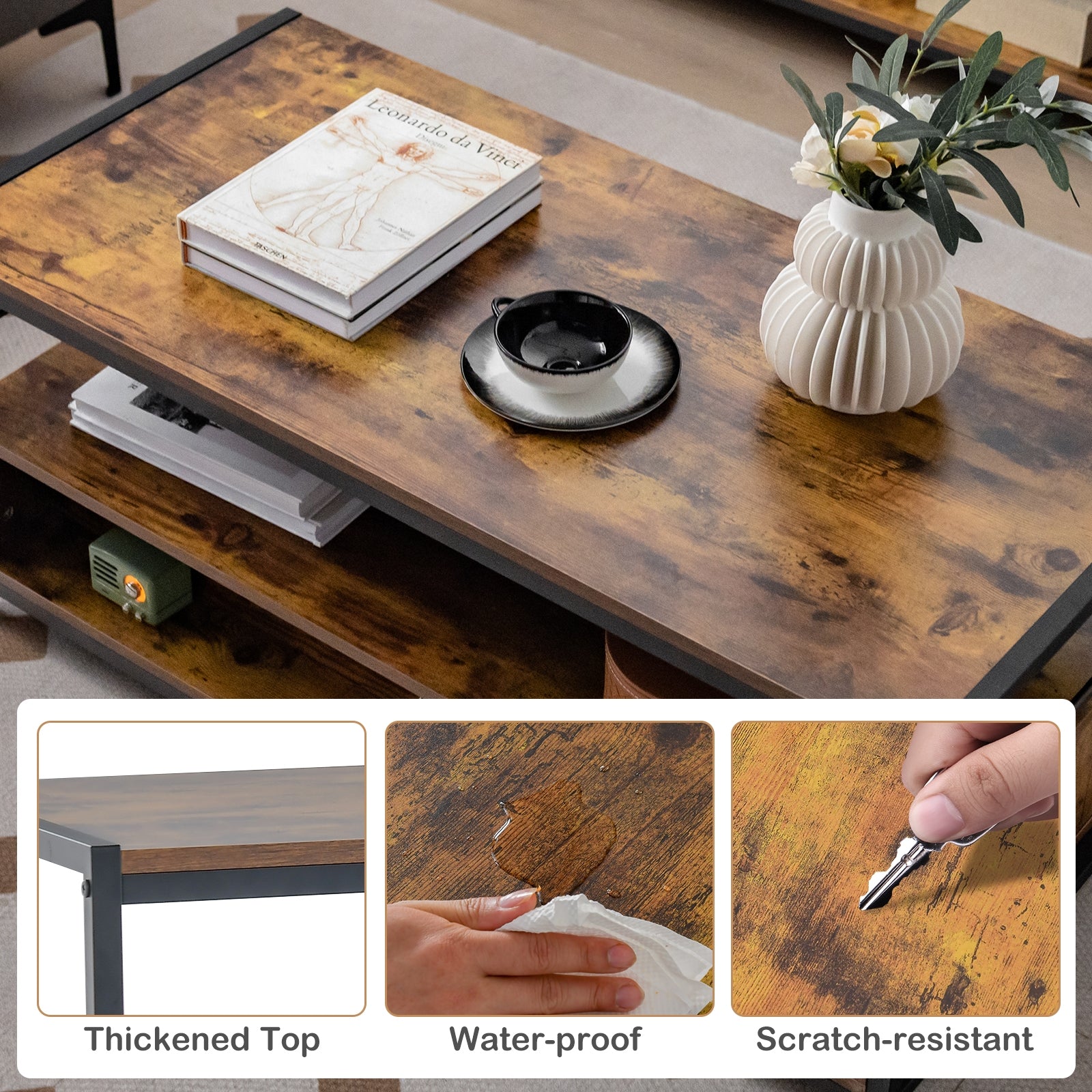 Coffee Table with 2 Drawers and Open Shelf for Living Room-Rustic Brown