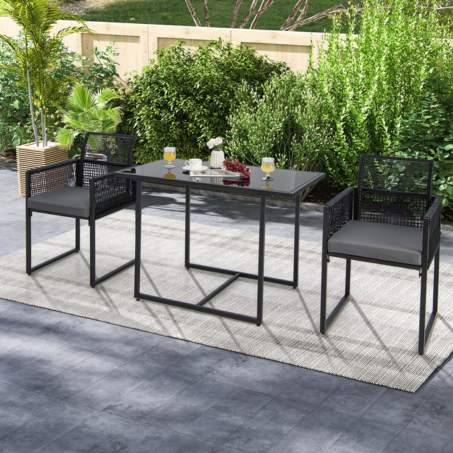 3 Pieces Outdoor Dining Set with Folding Backrest and Seat Cushions-Gray
