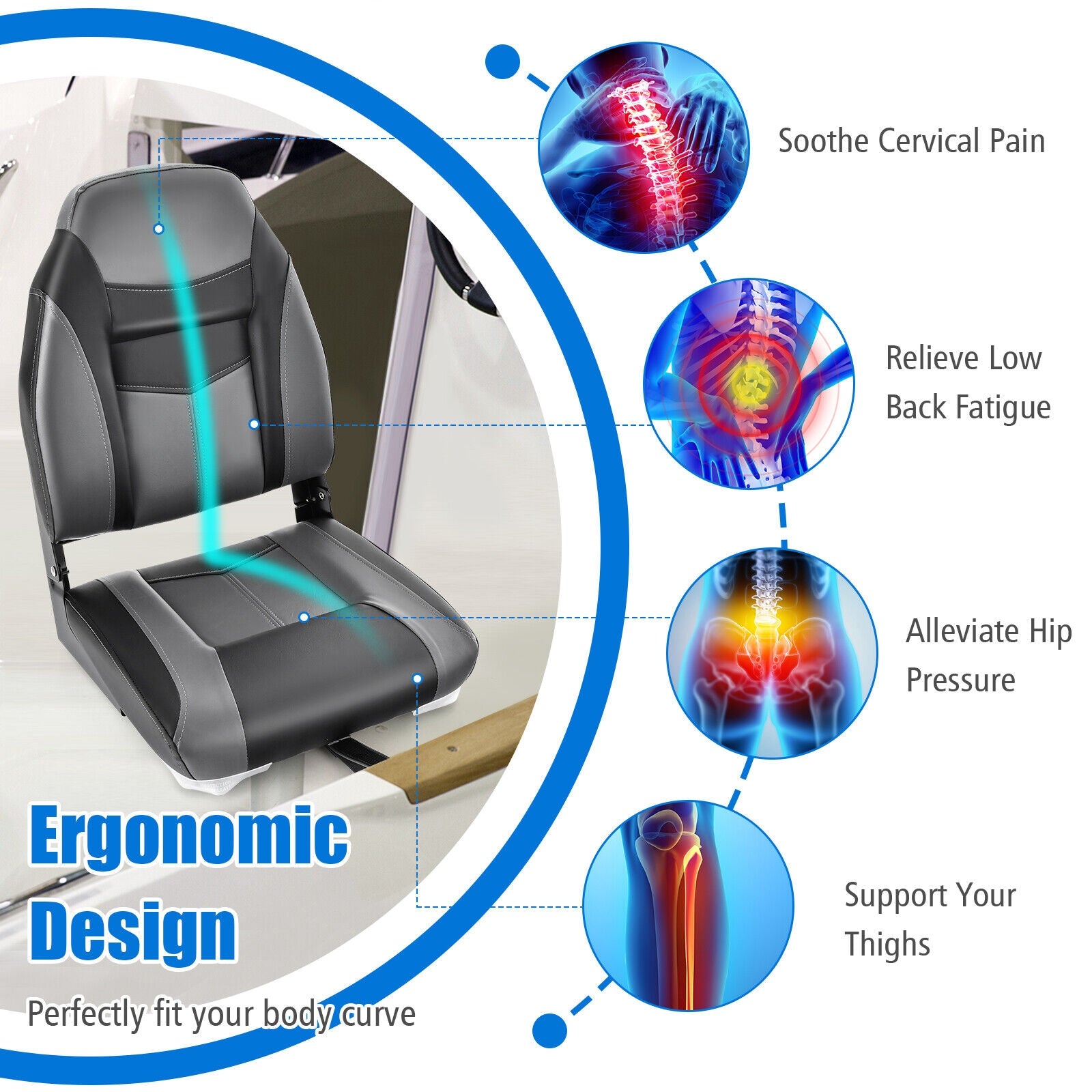 High Back Folding Boat Seats with Sponge Cushion and Flexible Hinges-1 Piece