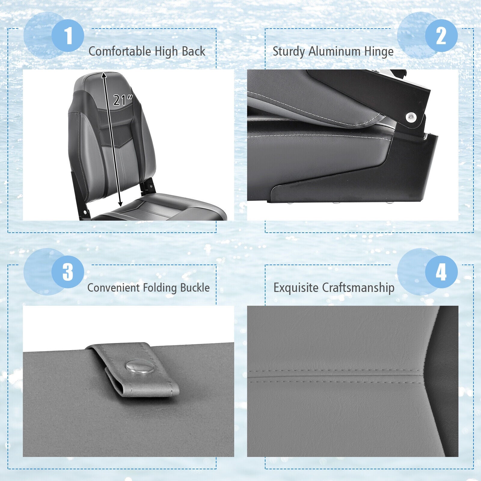 High Back Folding Boat Seats with Sponge Cushion and Flexible Hinges-1 Piece
