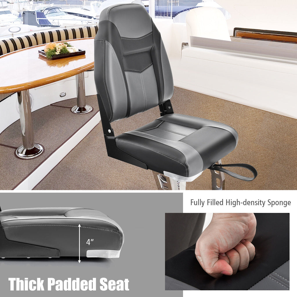 High Back Folding Boat Seats with Black Grey Sponge Cushion and Flexible Hinges-Set of 2