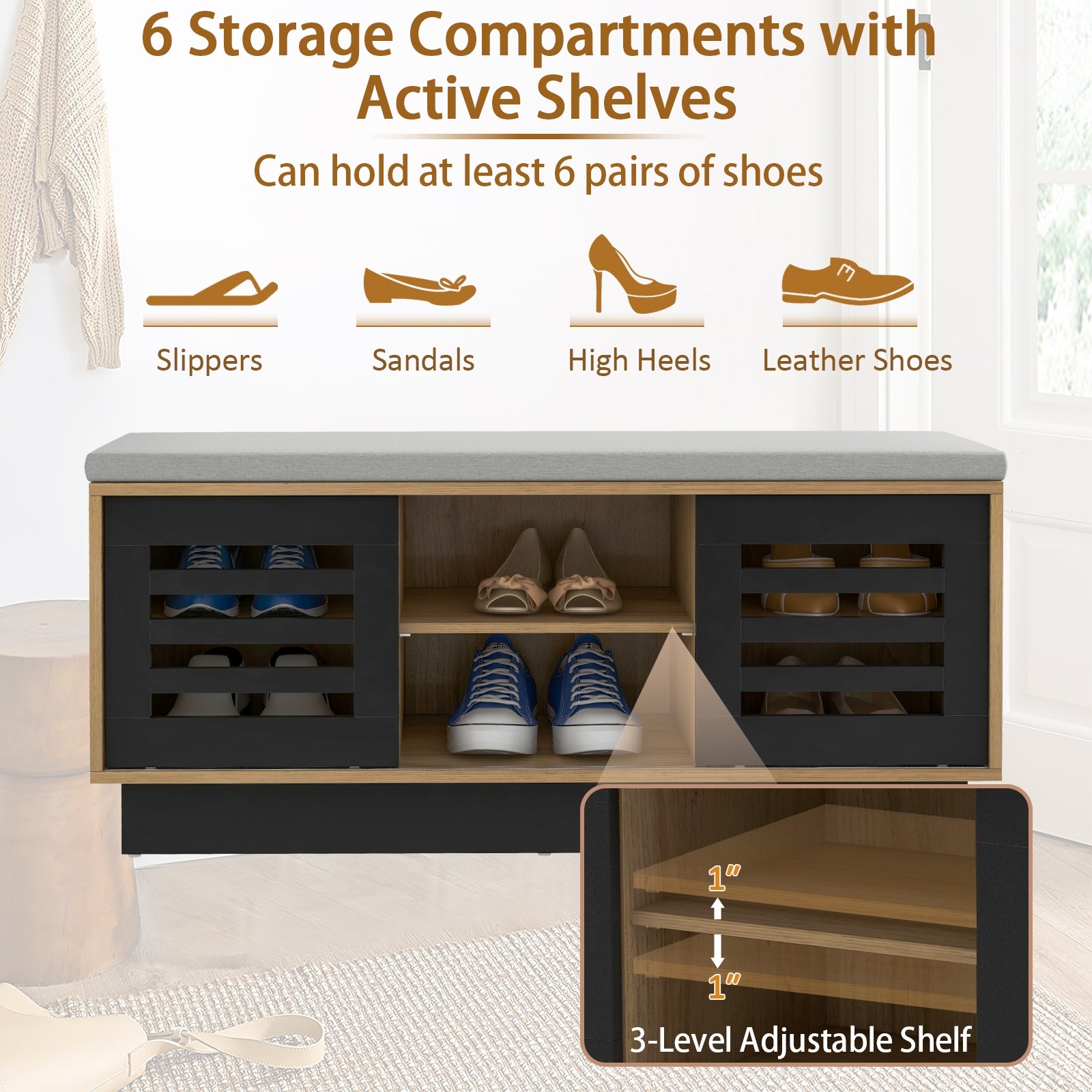 Shoe Bench with 6 Storage Compartments and 3 Adjustable Shelves-Natural
