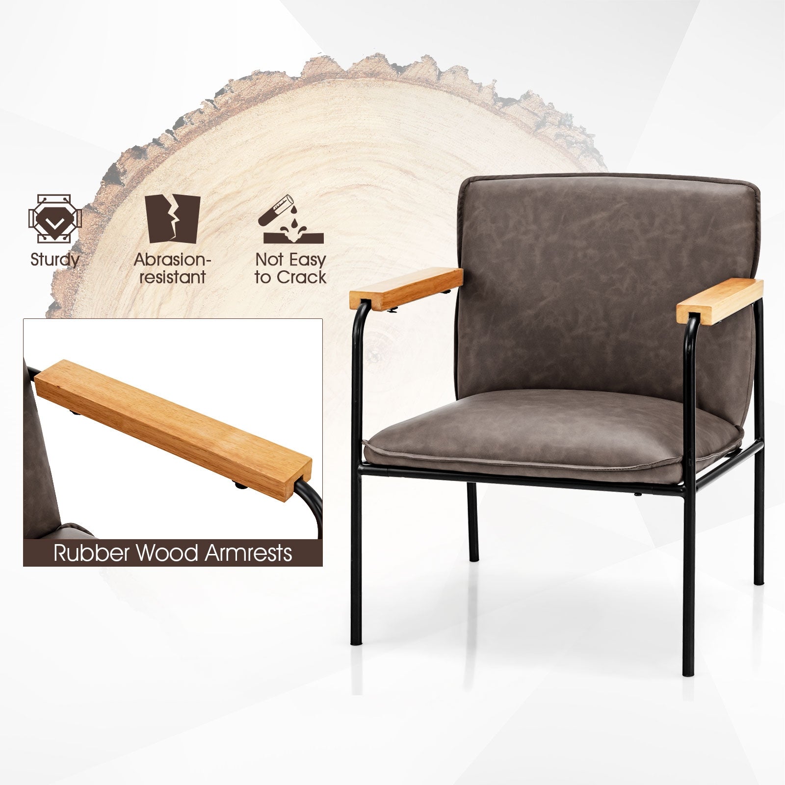 PU Leather Accent Chair with Rubber Wood Armrests-Gray