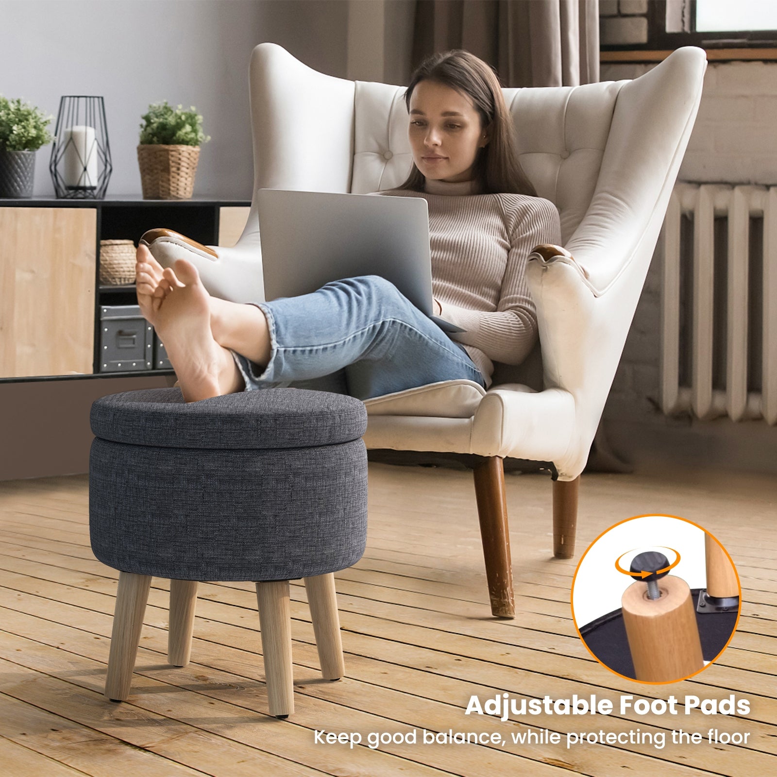Round Storage Ottoman with Rubber Wood Legs and Adjustable Foot Pads-Gray