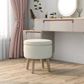 Round Storage Ottoman with Rubber Wood Legs and Adjustable Foot Pads-Beige