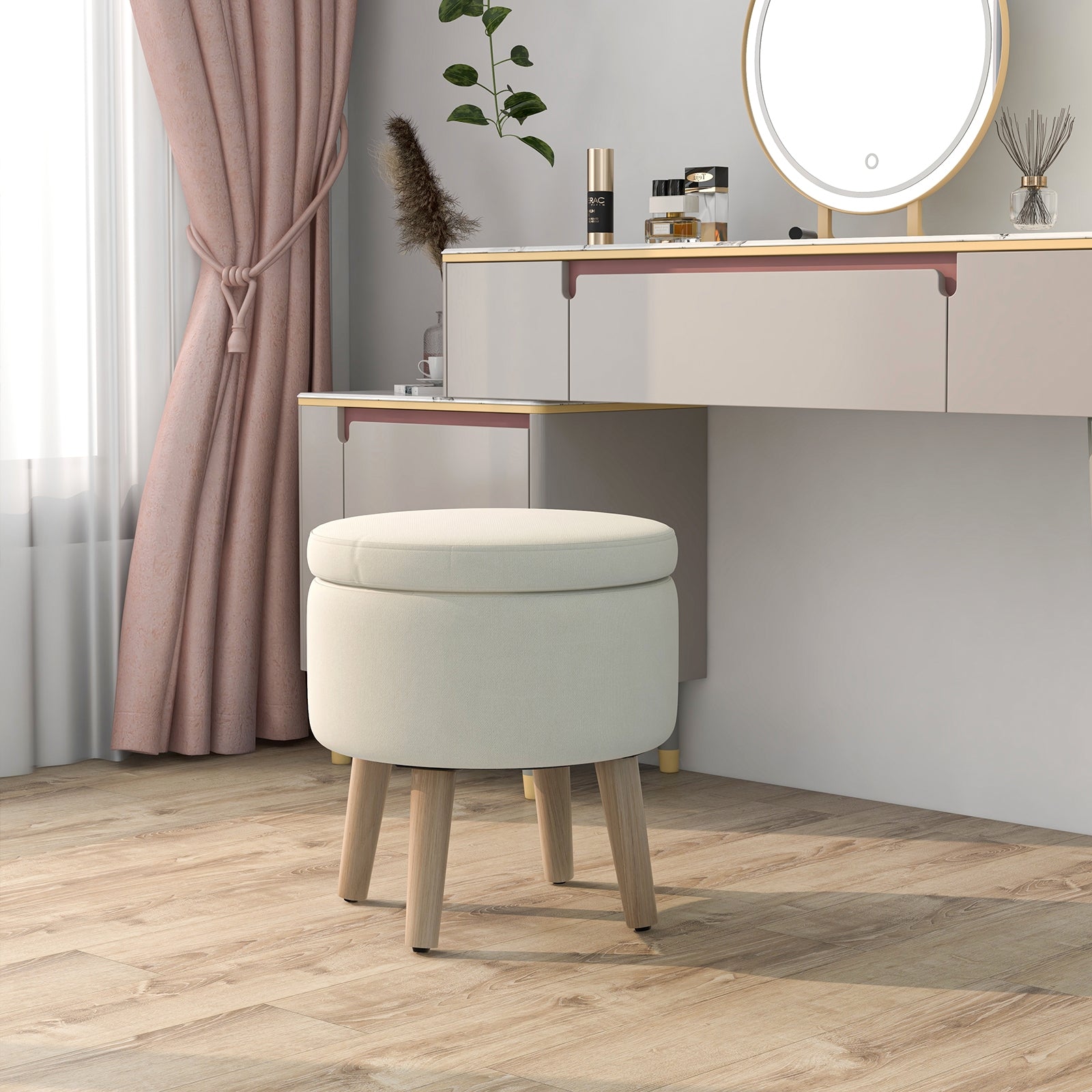Round Storage Ottoman with Rubber Wood Legs and Adjustable Foot Pads-Beige
