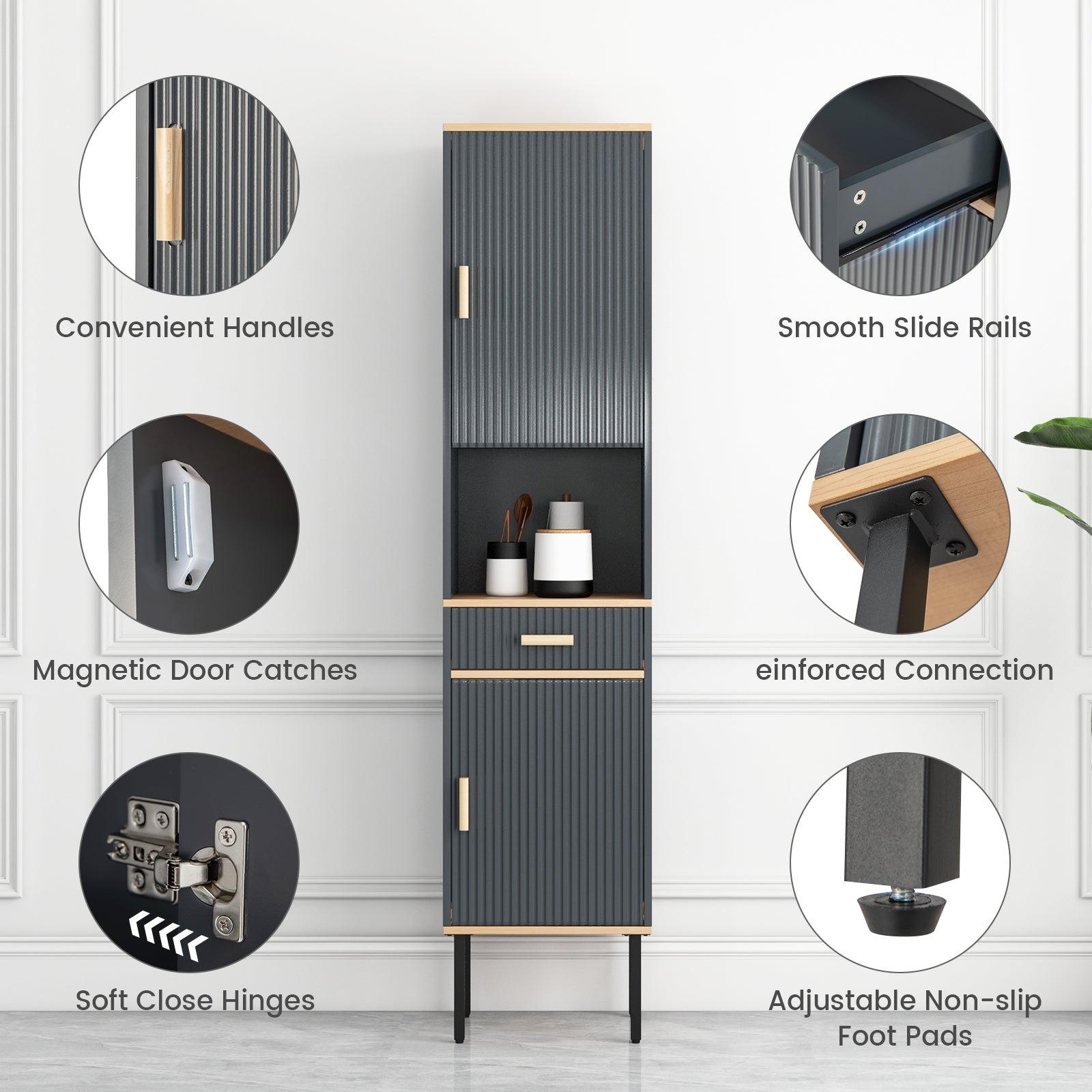 Free-Standing Bathroom Cabinet Narrow Linen with Doors and Drawer-Gray
