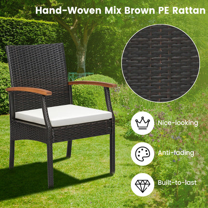 5 Pieces Patio Wicker Cushioned Dining Set with Wood Armrest and Umbrella Hole