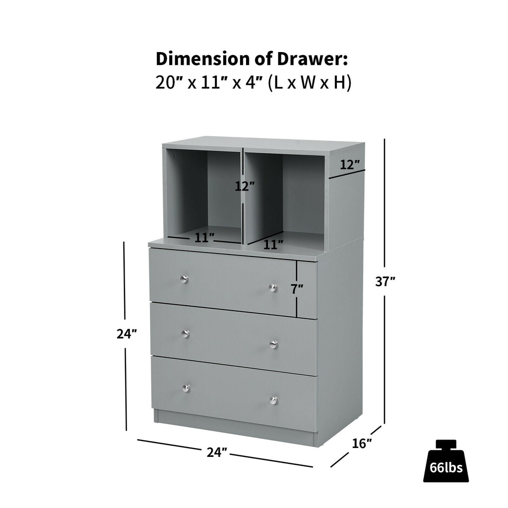 3 Drawer Dresser with Cubbies Storage Chest for Bedroom Living Room-Gray