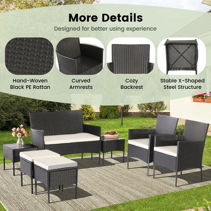 7 Piece Rustproof Wicker Outdoor Sofa Set with Coffee Tables and Ottomans