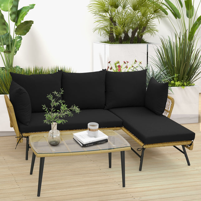 3 Pieces L-Shaped Patio Sofa with Cushions and Tempered Glass Table-Black