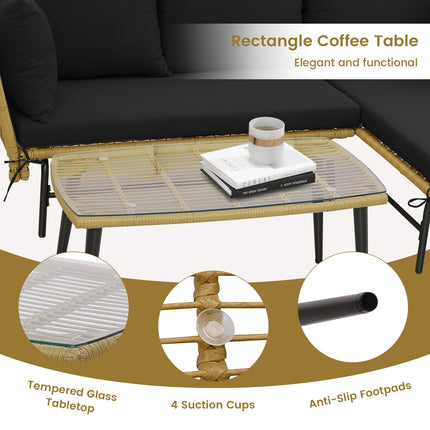 3 Pieces L-Shaped Patio Sofa with Cushions and Tempered Glass Table-Black