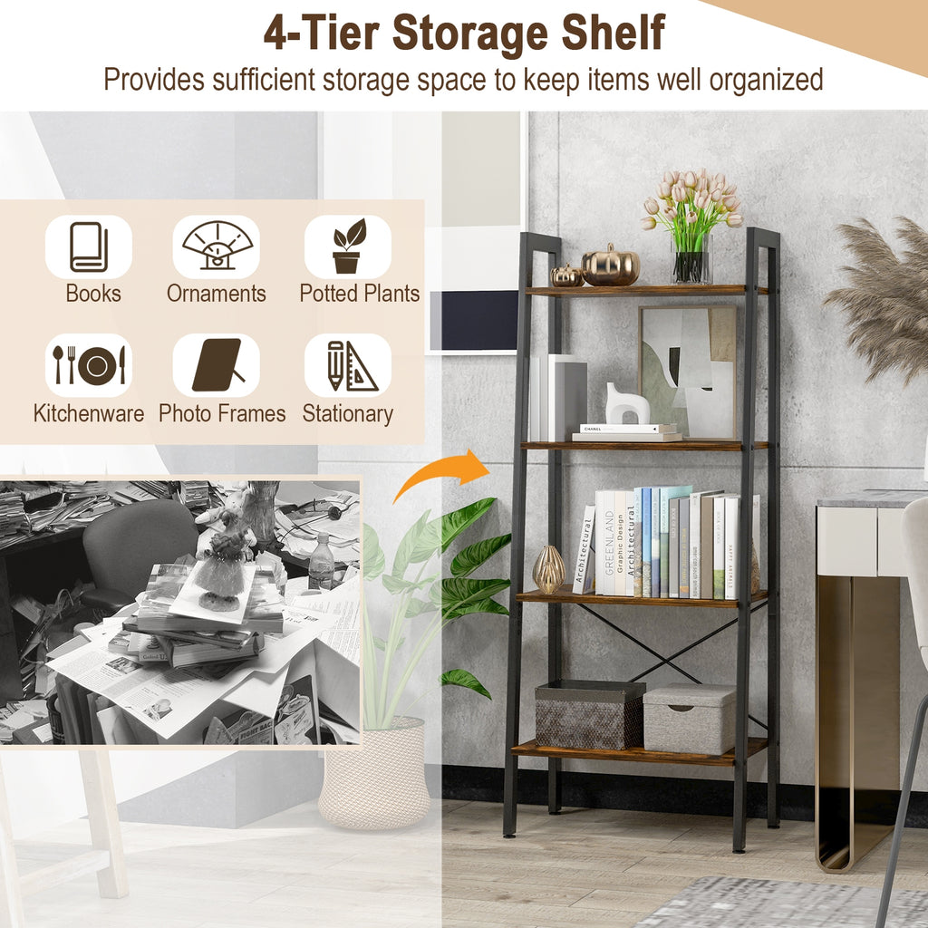 4-Tier Bookshelf with Metal Frame and Adjustable Foot Pads-Rustic Brown