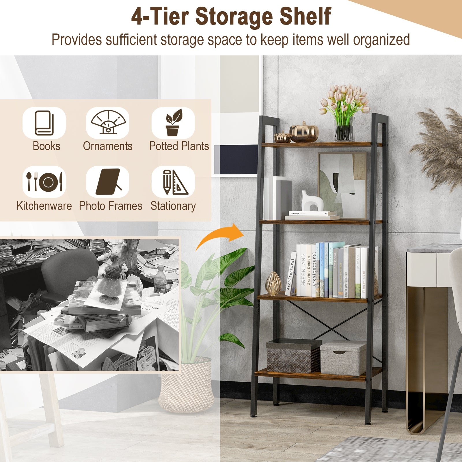 4-Tier Bookshelf with Metal Frame and Adjustable Foot Pads-Rustic Brown