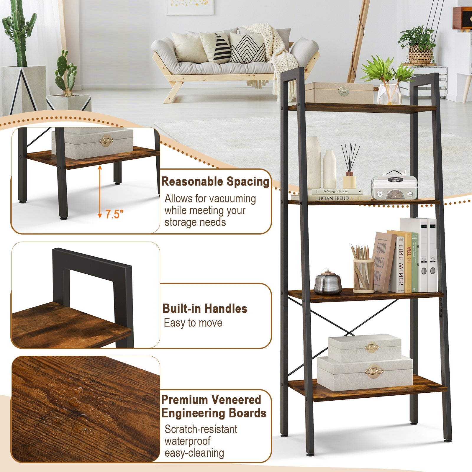 4-Tier Bookshelf with Metal Frame and Adjustable Foot Pads-Rustic Brown