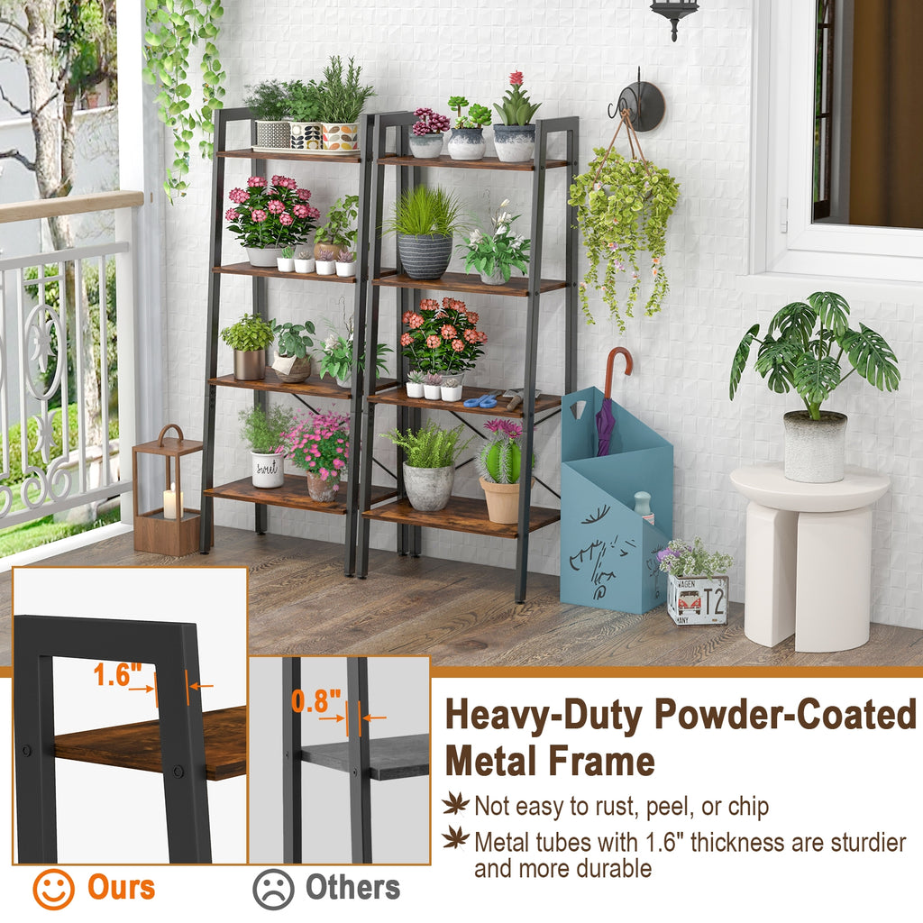4-Tier Bookshelf with Metal Frame and Adjustable Foot Pads-Rustic Brown