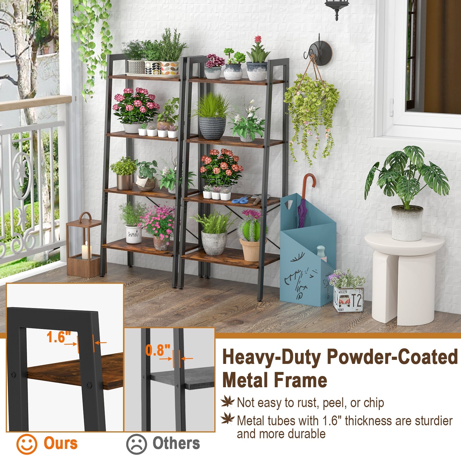 4-Tier Bookshelf with Metal Frame and Adjustable Foot Pads-Rustic Brown