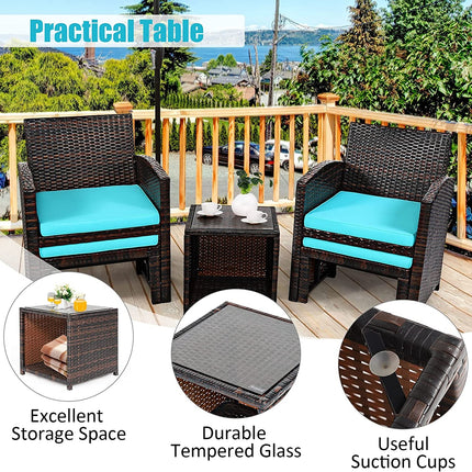 5 Pieces Patio Rattan Furniture Set with Ottoman and Tempered Glass Coffee Table-Turquoise