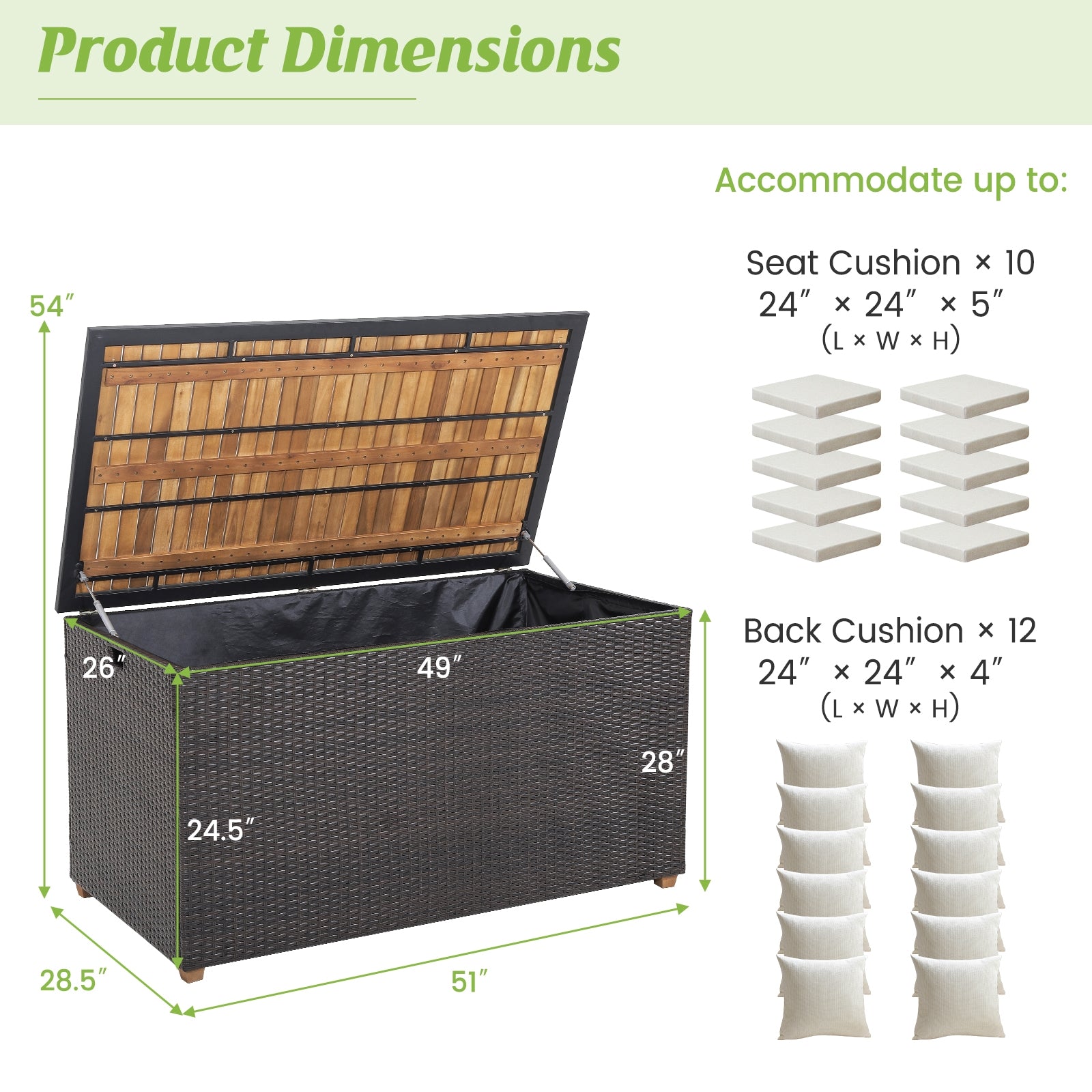 134 Gallon Rattan Storage Box with Zippered Liner and Solid Acacia Wood Top
