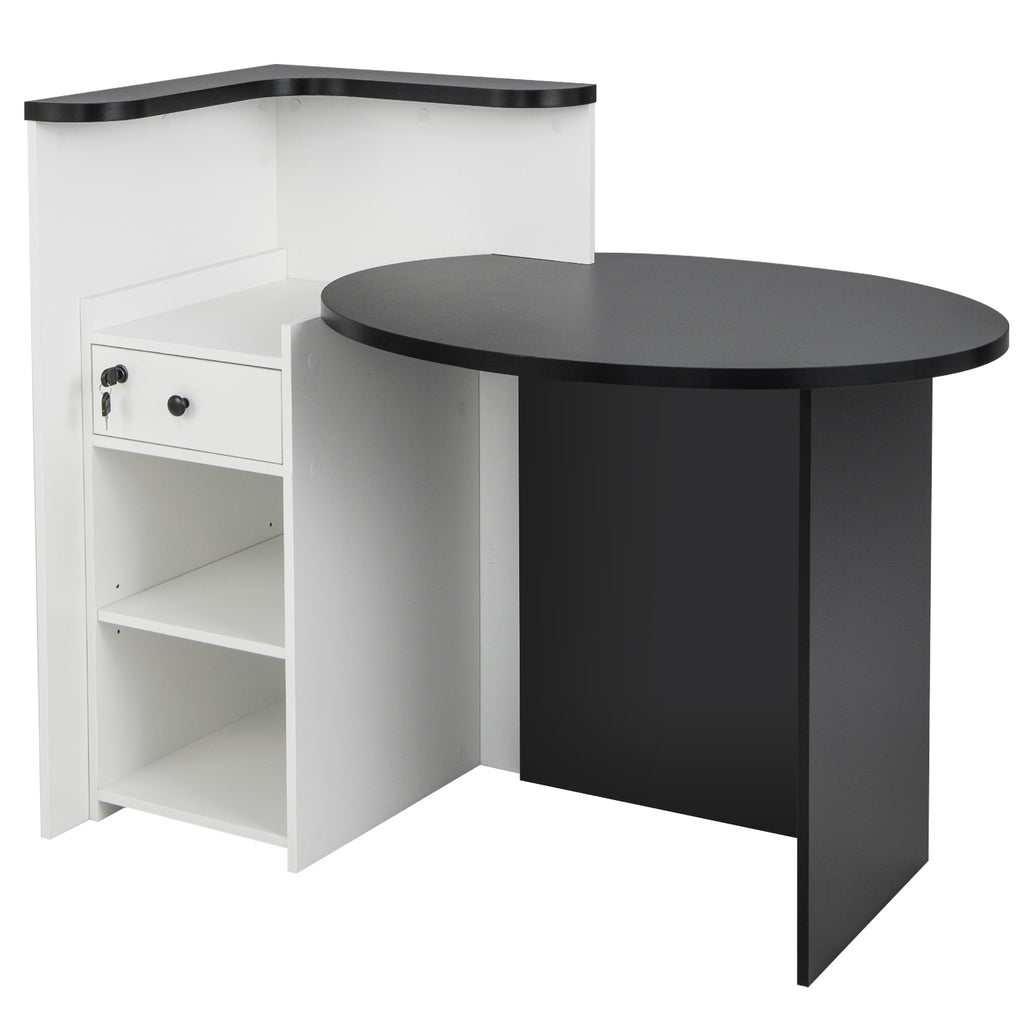 Front Reception Office Desk with Adjustable Shelf and Lockable Drawer-Black & White