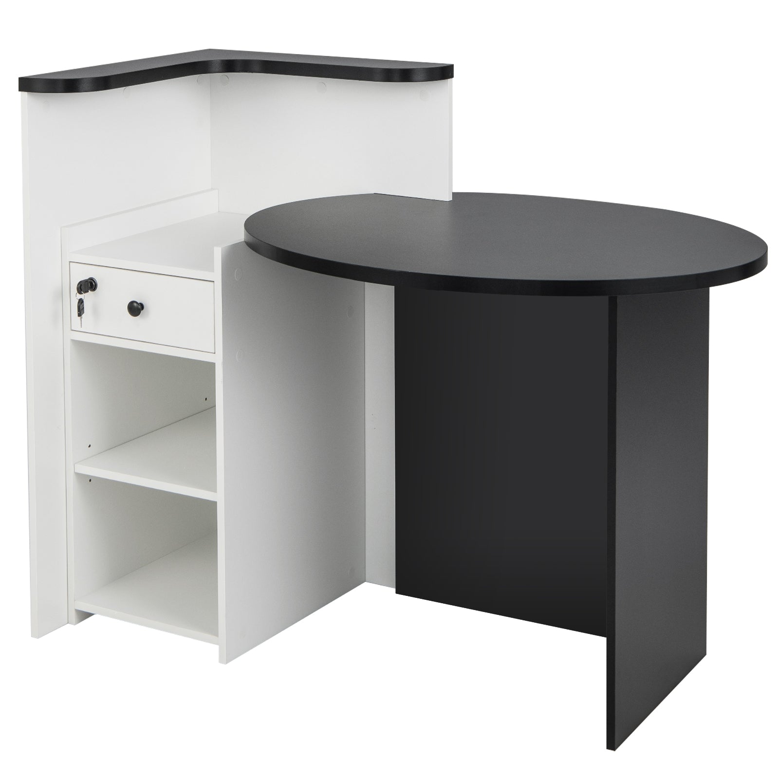 Front Reception Office Desk with Adjustable Shelf and Lockable Drawer-Black & White