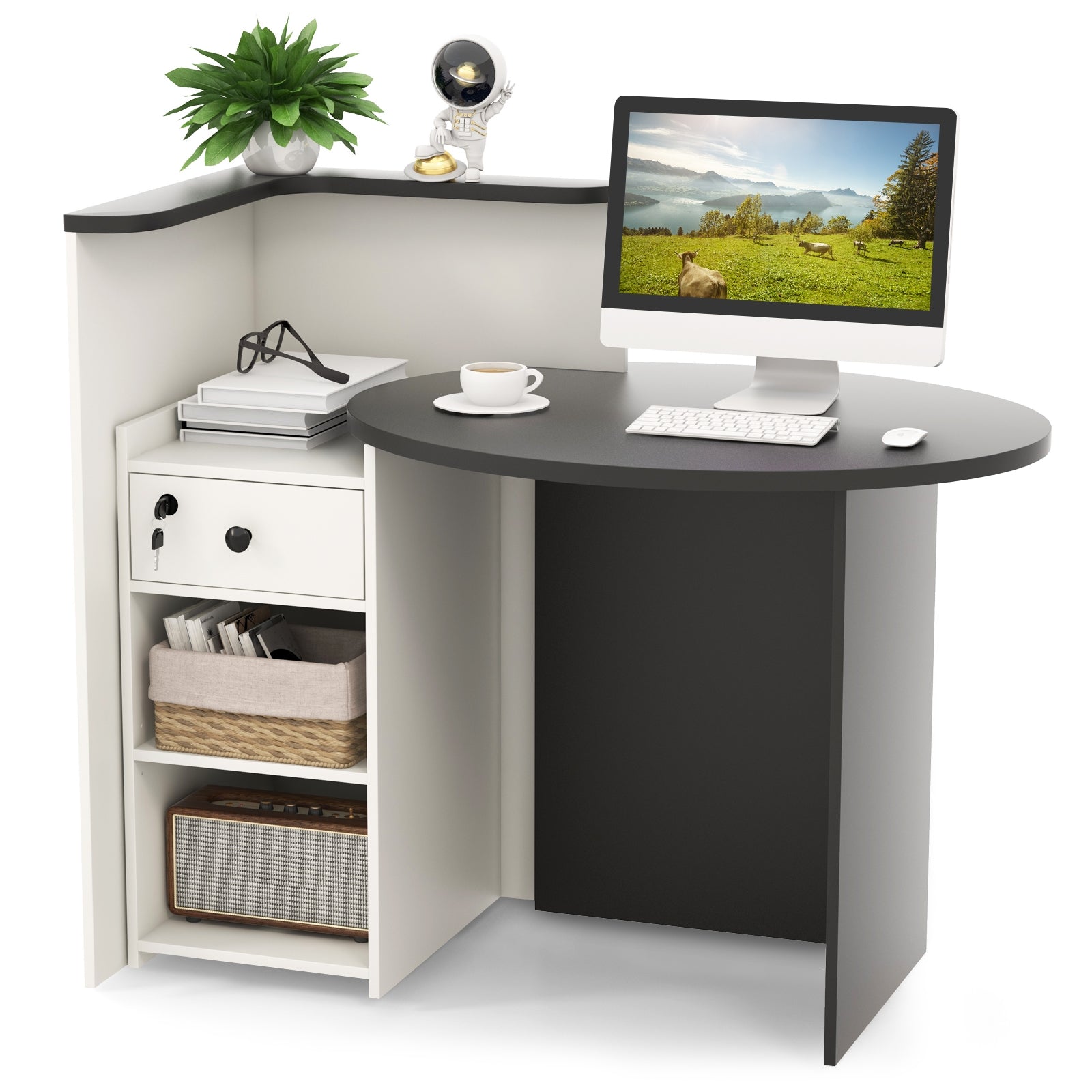 Front Reception Office Desk with Adjustable Shelf and Lockable Drawer-Black & White