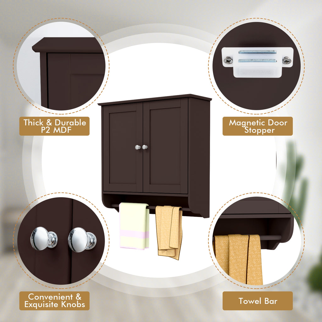Wall Mounted Bathroom Storage Medicine Cabinet with Towel Bar-Brown