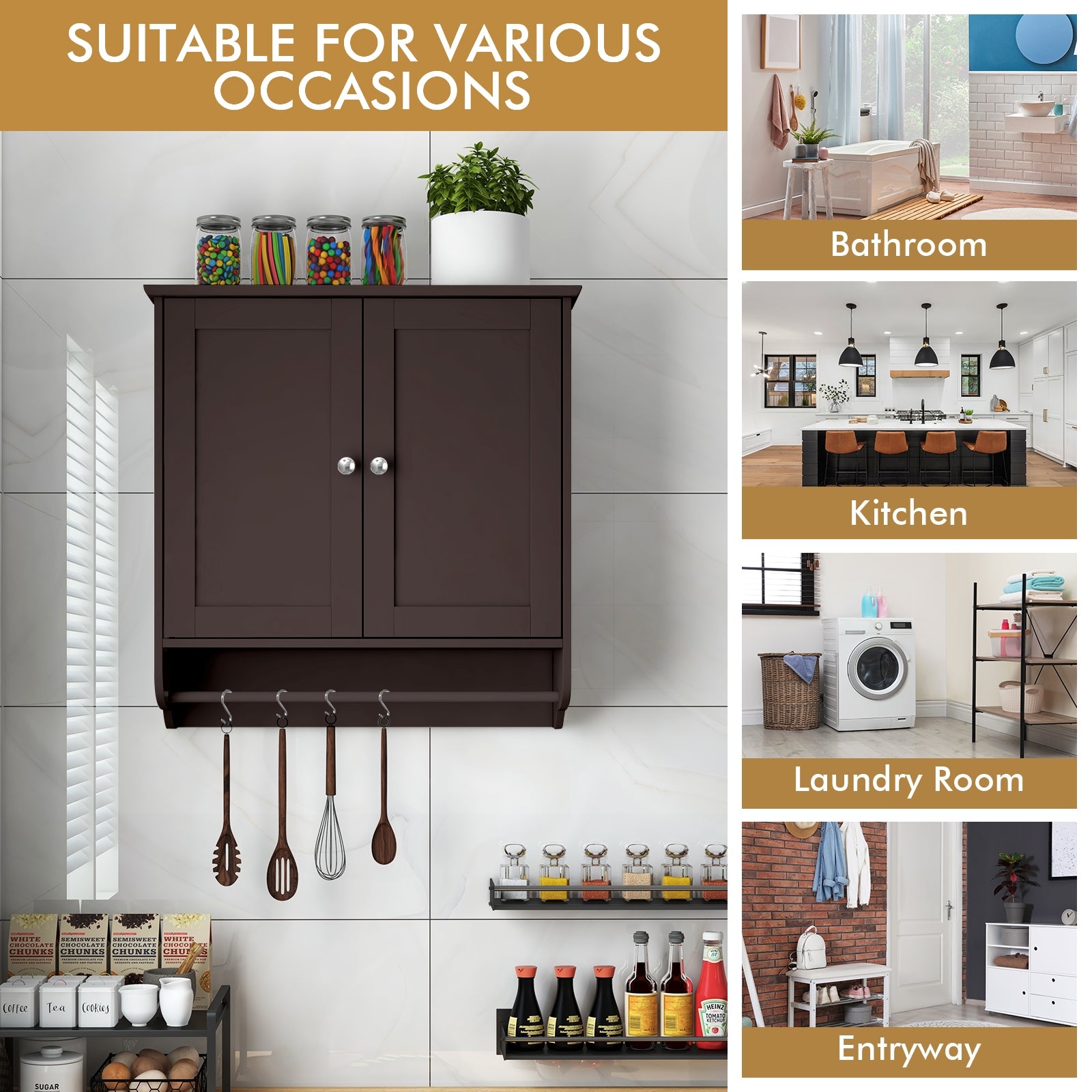 Wall Mounted Bathroom Storage Medicine Cabinet with Towel Bar-Brown