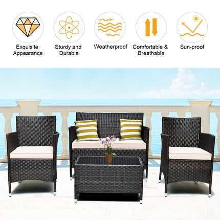 4 Pieces Comfortable Outdoor Rattan Sofa Set with Glass Coffee Table-Beige and Gray
